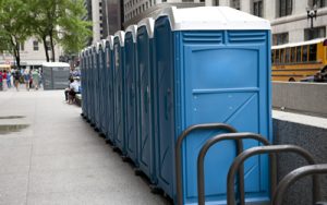 line of porta potties in the city